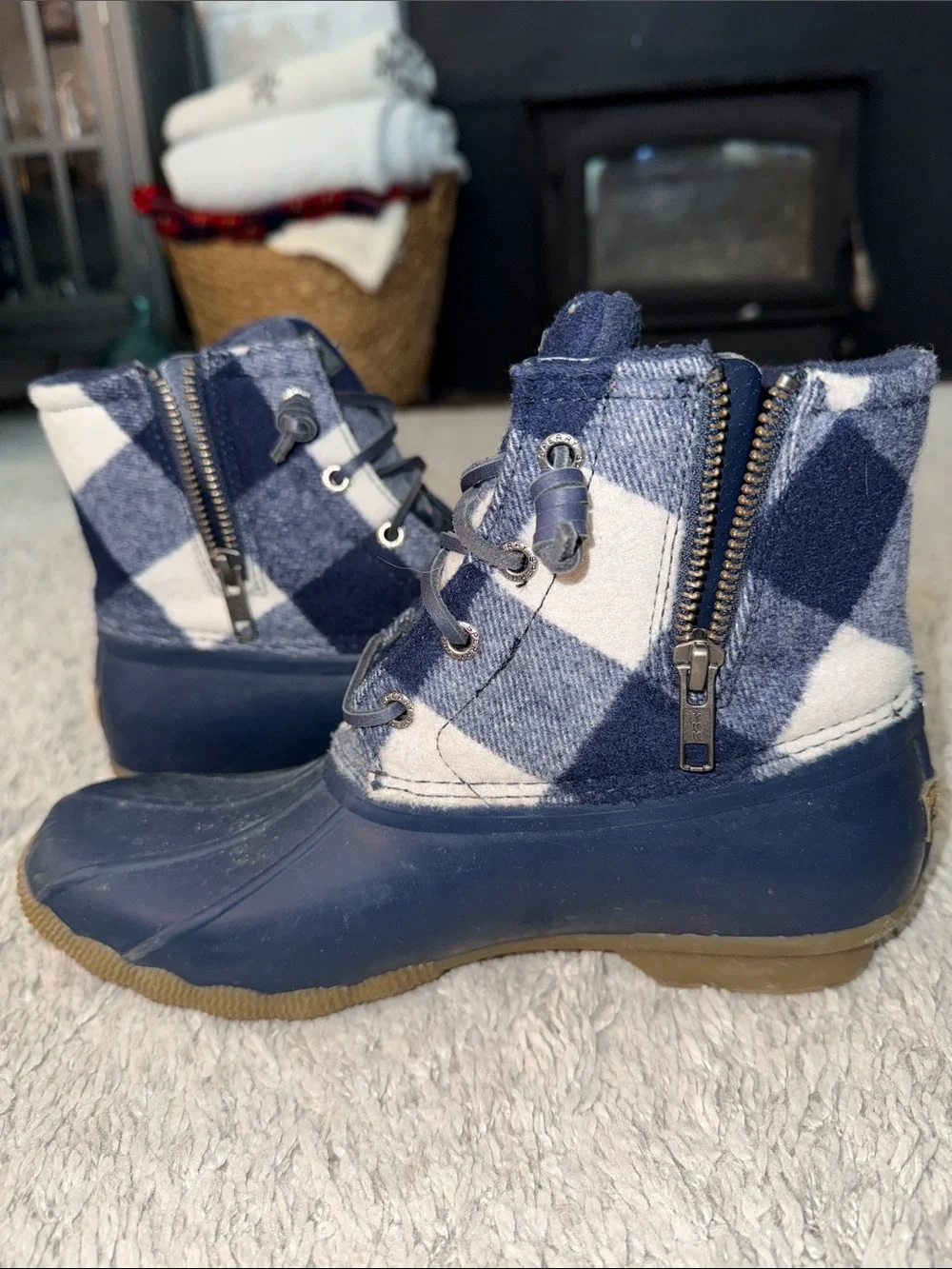 Sperry Navy and White Plaid Waterproof Duck Boots fall flannel cozy
